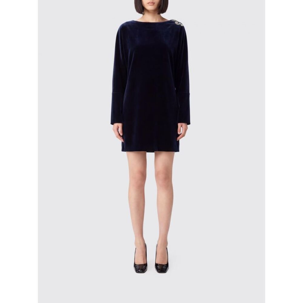 Versace Women Velvet Mini Sheath Dress Versace With Rhinestones And Round Neck